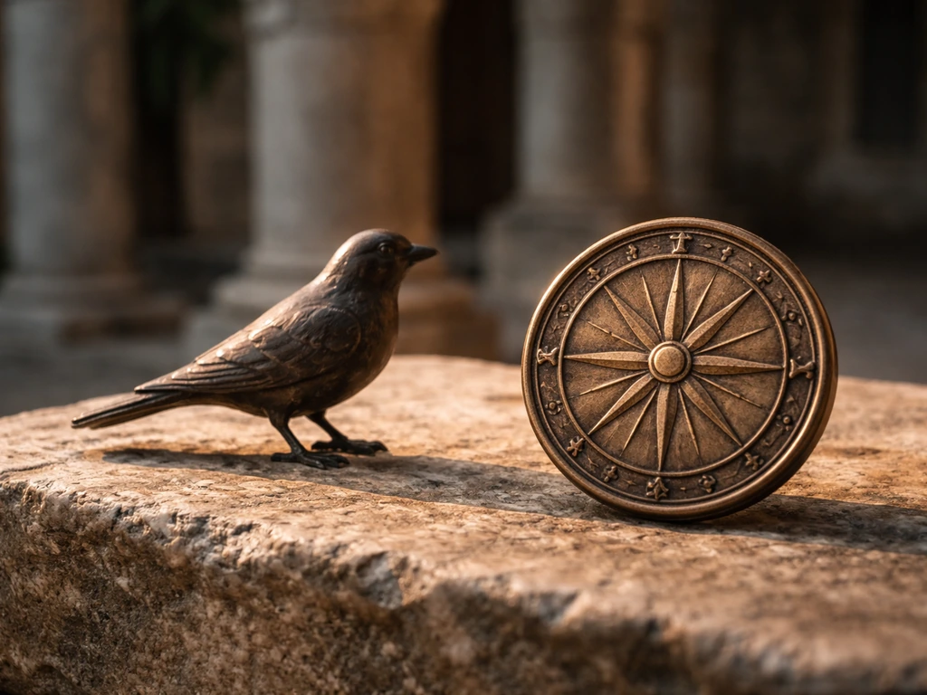A perched bird silhouette beside an ancient Roman-style omen symbol, symbolizing birds as messengers