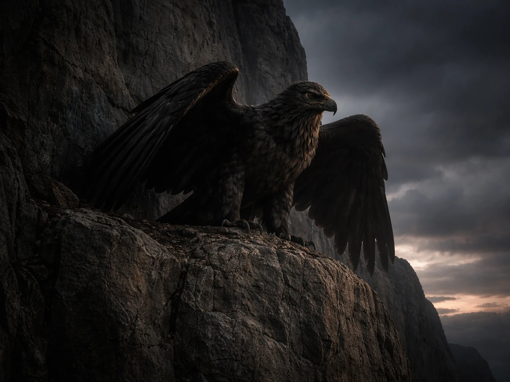 Mythic roc bird perched on a cliff at dusk, wings spread, dramatic shadow and stormy sky.