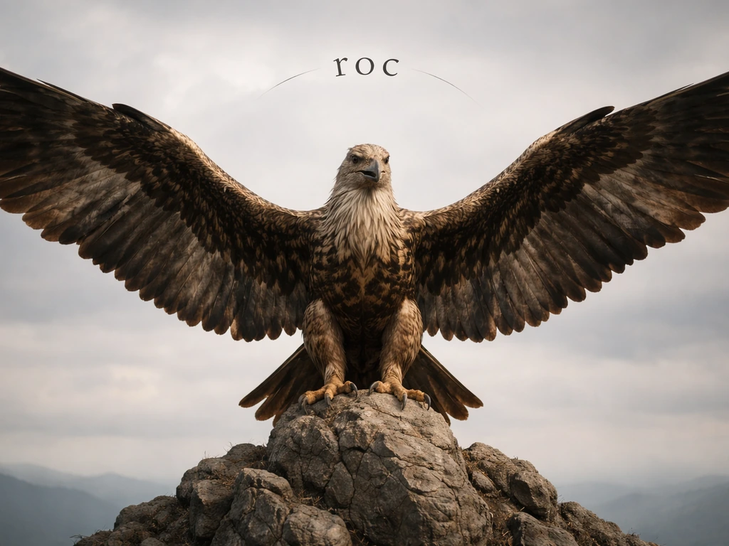 Mythical giant roc bird with oversized wings and talons perched against a cloudy sky