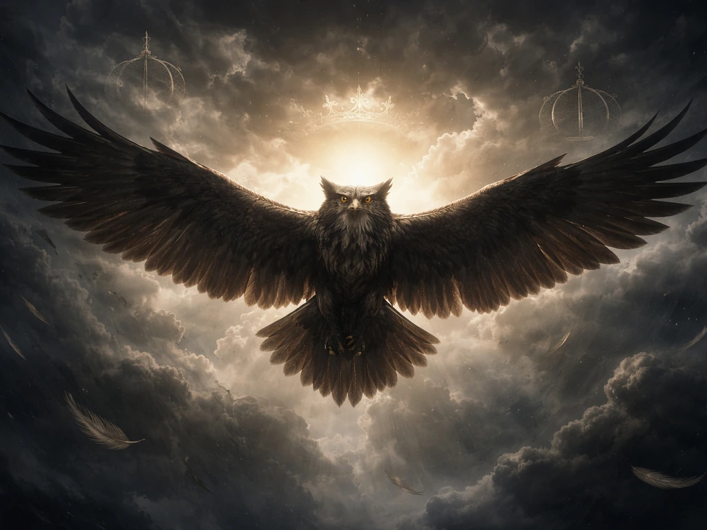 A towering mythic roc soaring above a stormy sky with crown, scale, and sunburst motifs around it.