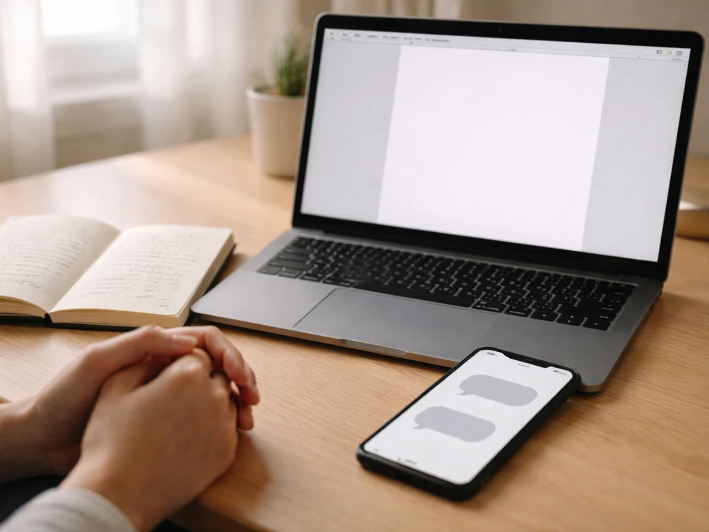 Hands at a desk with laptop and phone chat bubble, showing gentle writing/conversation encouragement