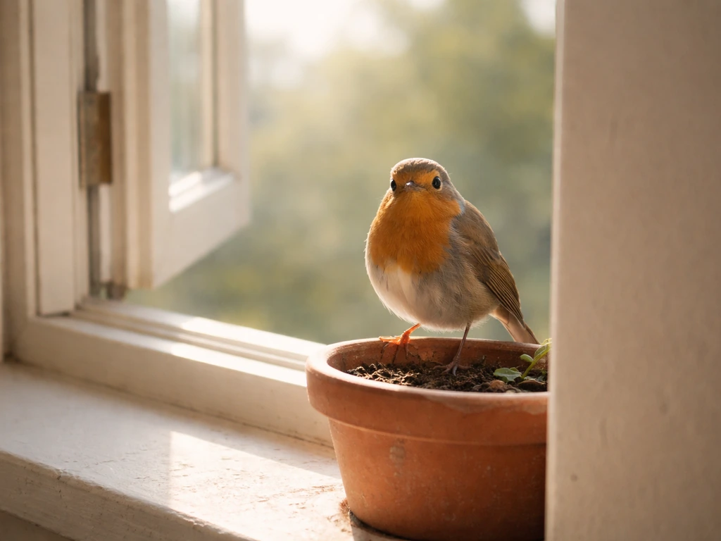 Small bird perched by a window in soft morning light, calm minimal scene suggesting meaning.