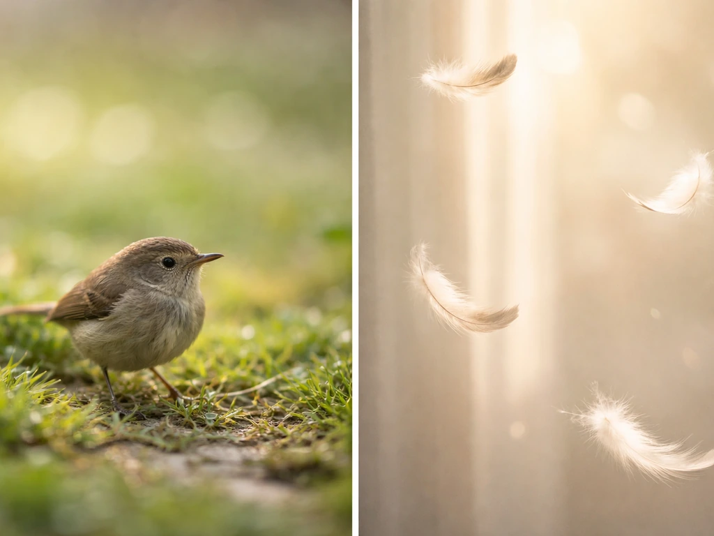 Left: a tiny bird in grass. Right: a soft figurative “small bird” mood with floating feathers.