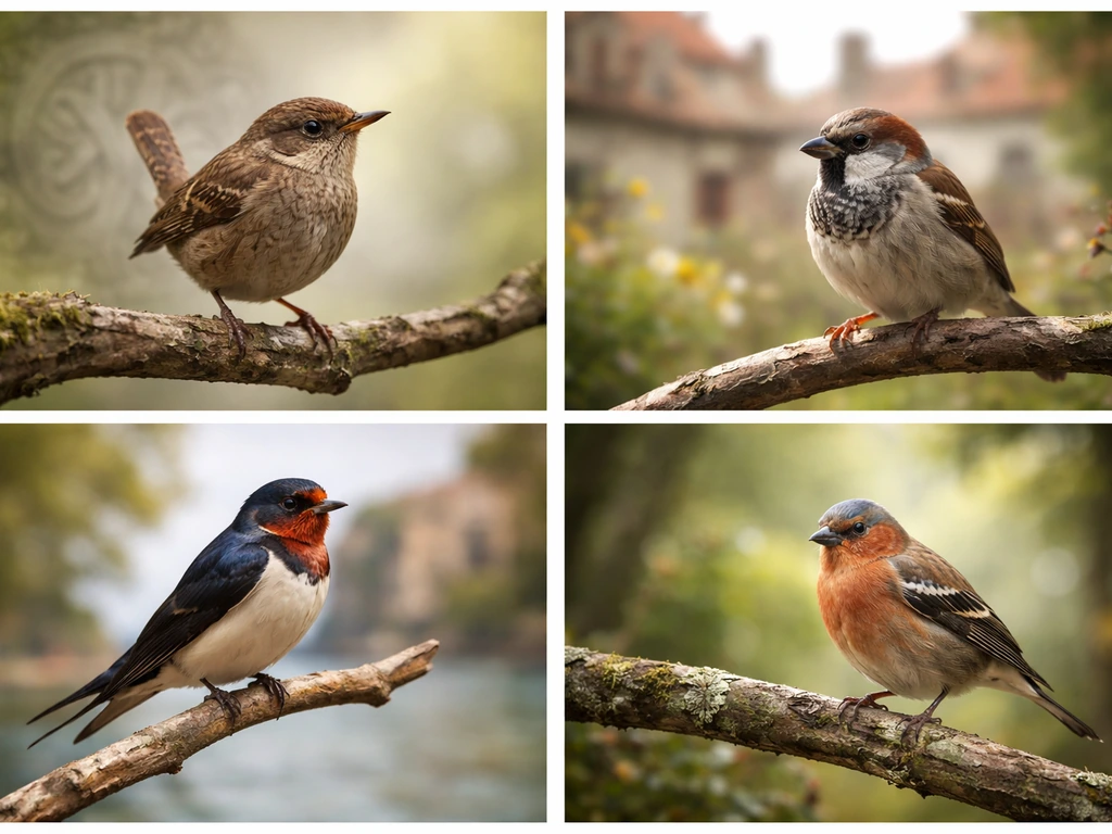Four panels showing wren, sparrow, swallow, and finch perched on branches with subtle cultural motifs behind each.
