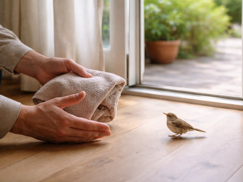 Person gently guides a small indoor bird toward an open window using a towel and calm lighting.