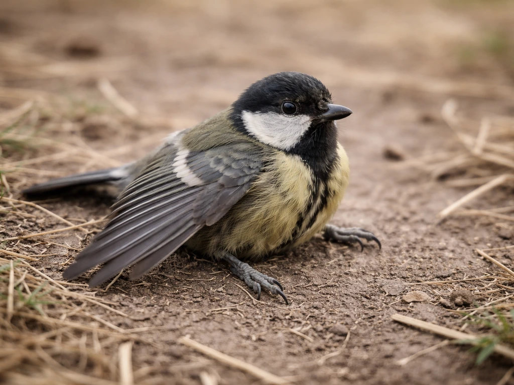 Injured bird on the ground with one wing hanging lower, showing uneven wing position.