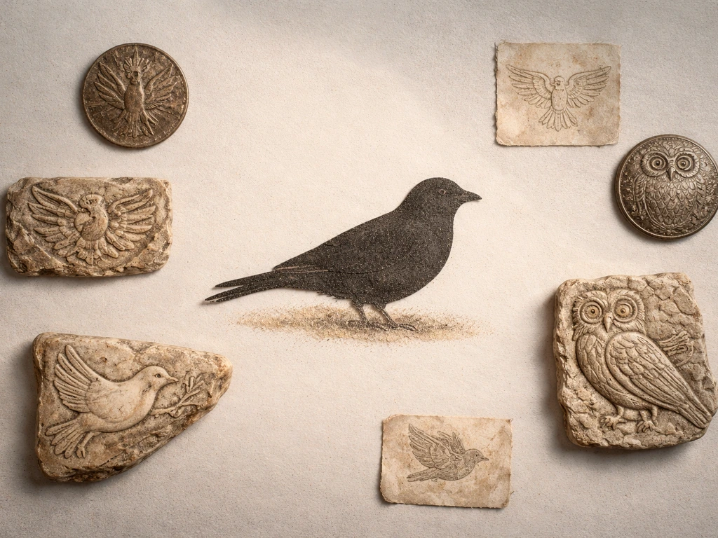Grounded bird silhouette beside assorted vintage cross-cultural bird motifs on a neutral background