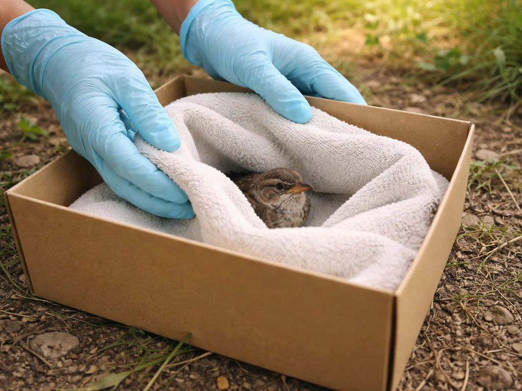 Gloved person gently covering an injured wild bird with a towel inside a box for safe shelter.