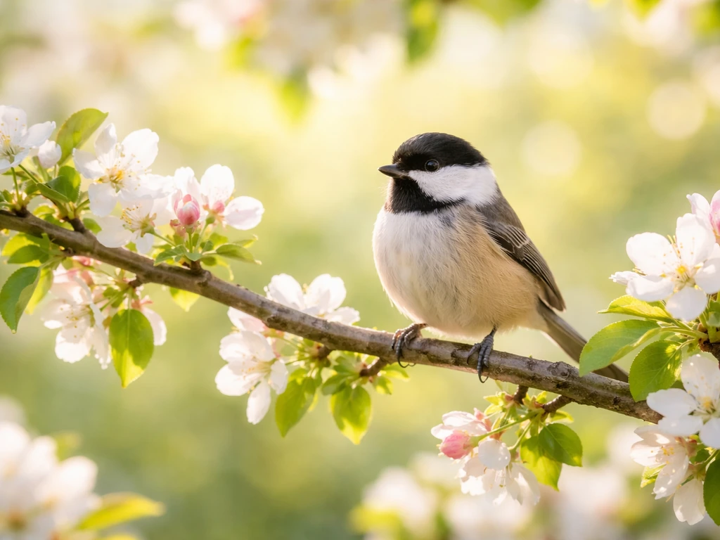 Small bird perched on a blooming branch in bright spring light, symbolizing renewal and growth.