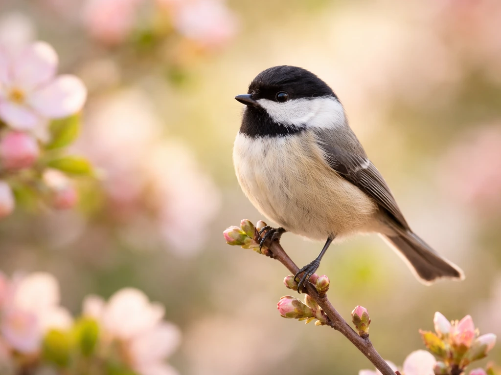 A small songbird perched on a budding branch beside blossoming flowers in soft natural light.