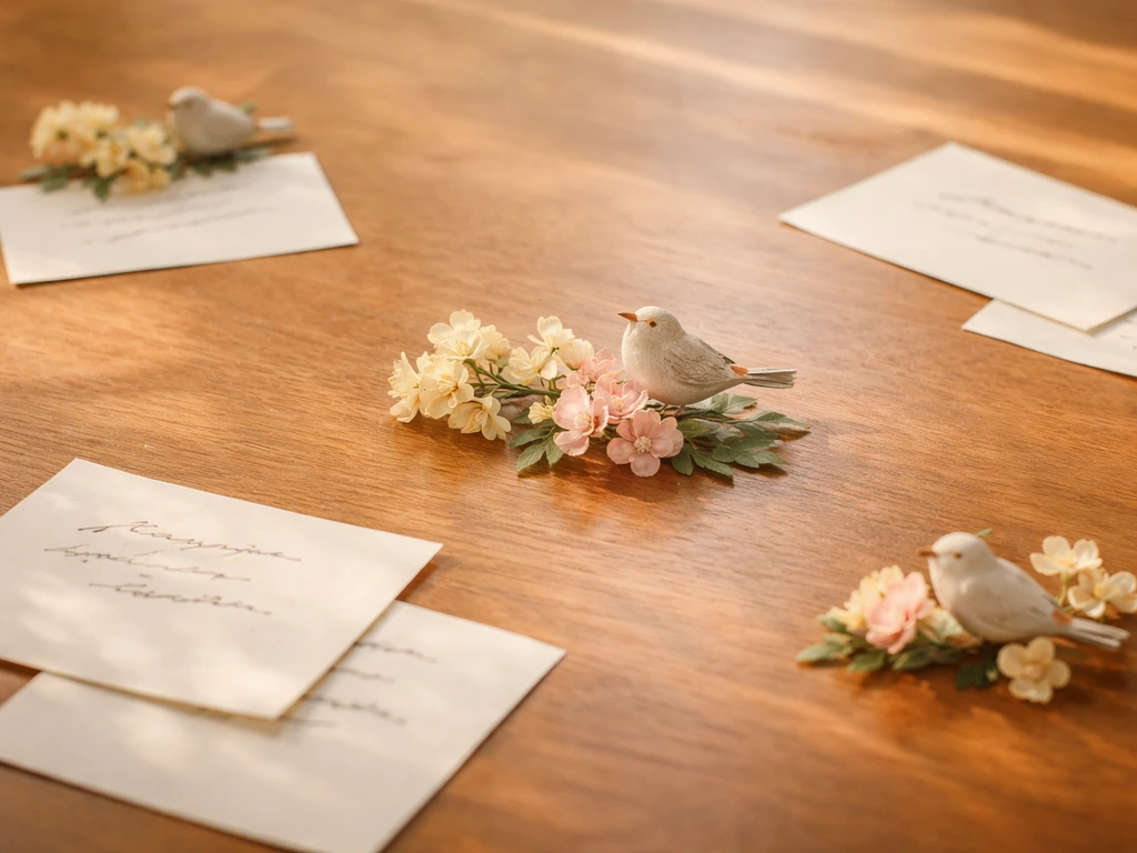 Minimal collage of paper word-phrases with small birds and flowers on a warm tabletop.
