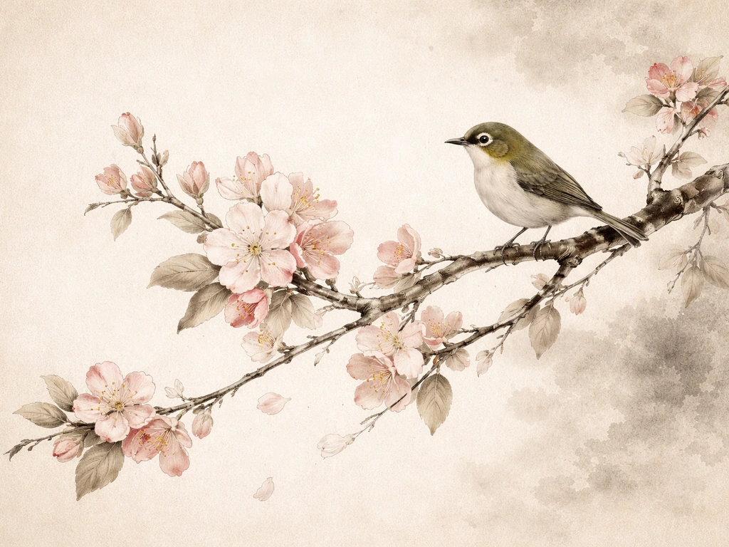 A flowering branch with a single bird perched, rendered in an Eastern ink-painting scroll style.