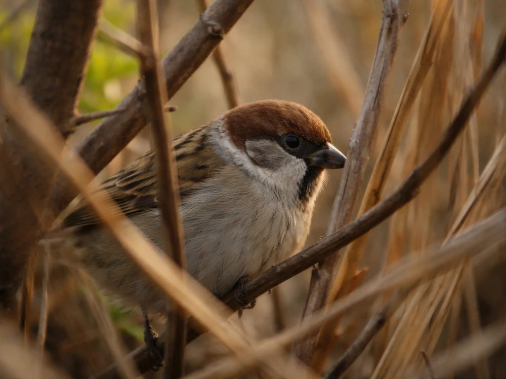 A small bird partially hidden in reeds and branches, lit softly to show shyness and caution.