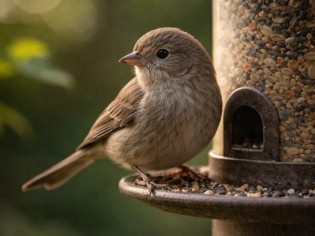 Small shy songbird perched on a backyard feeder, alert and cautious in natural light