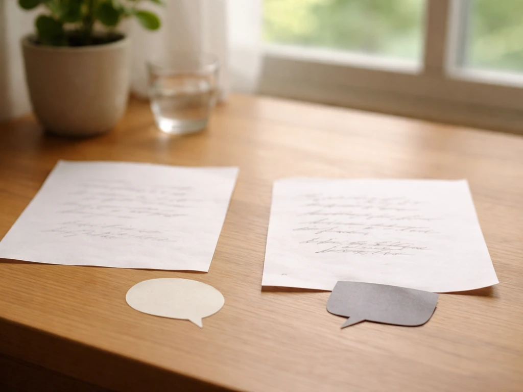 Two contrasting handwritten notes floating above a simple desk—one gentle, one harsh—showing tone and subtext.