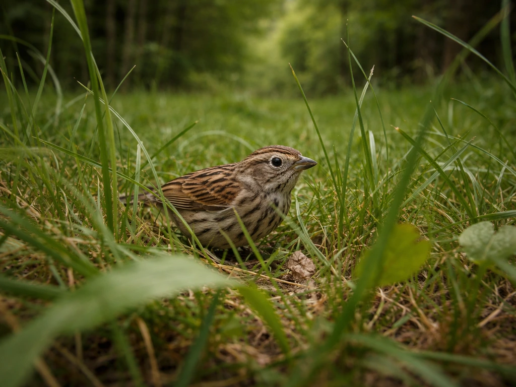 A small shy bird perched low in tall grass, partially hidden and alert in a quiet forest edge.