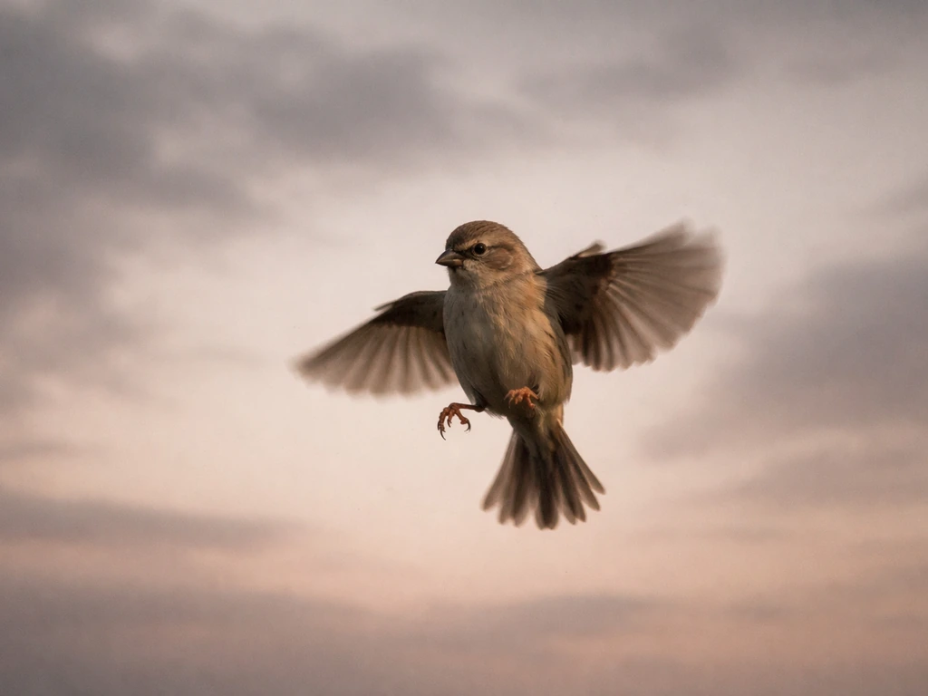 A small bird mid-fall with wings half-spread against a muted cloudy sky.
