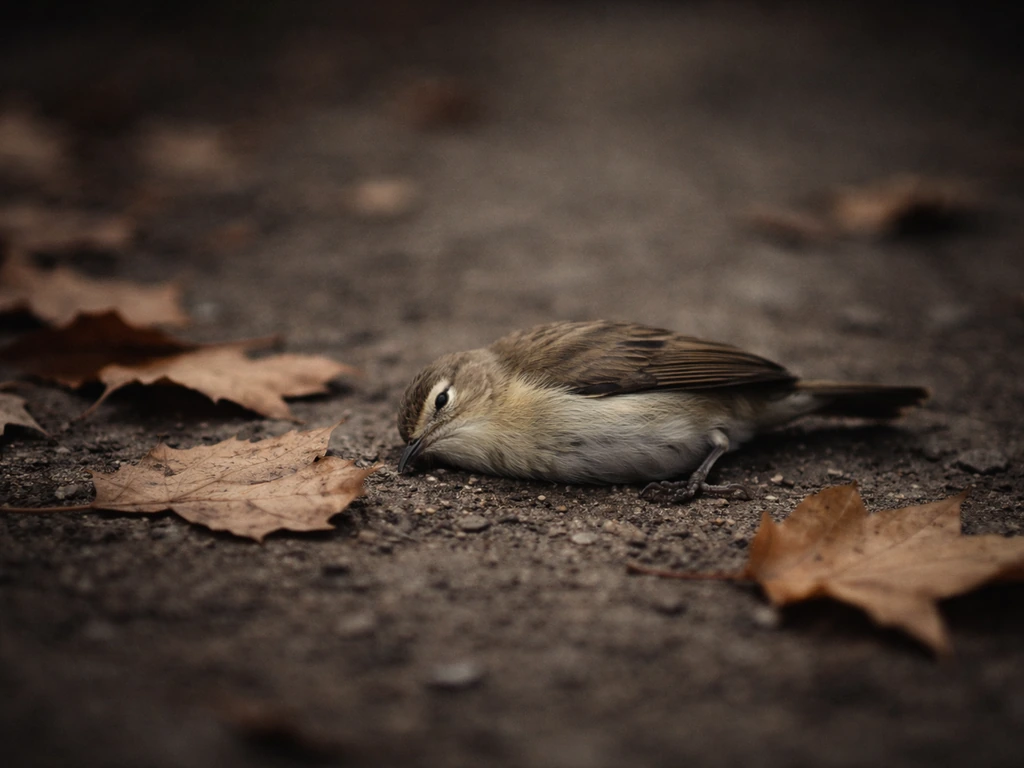 Small bird resting on the ground beside fallen leaves in muted, somber natural light.