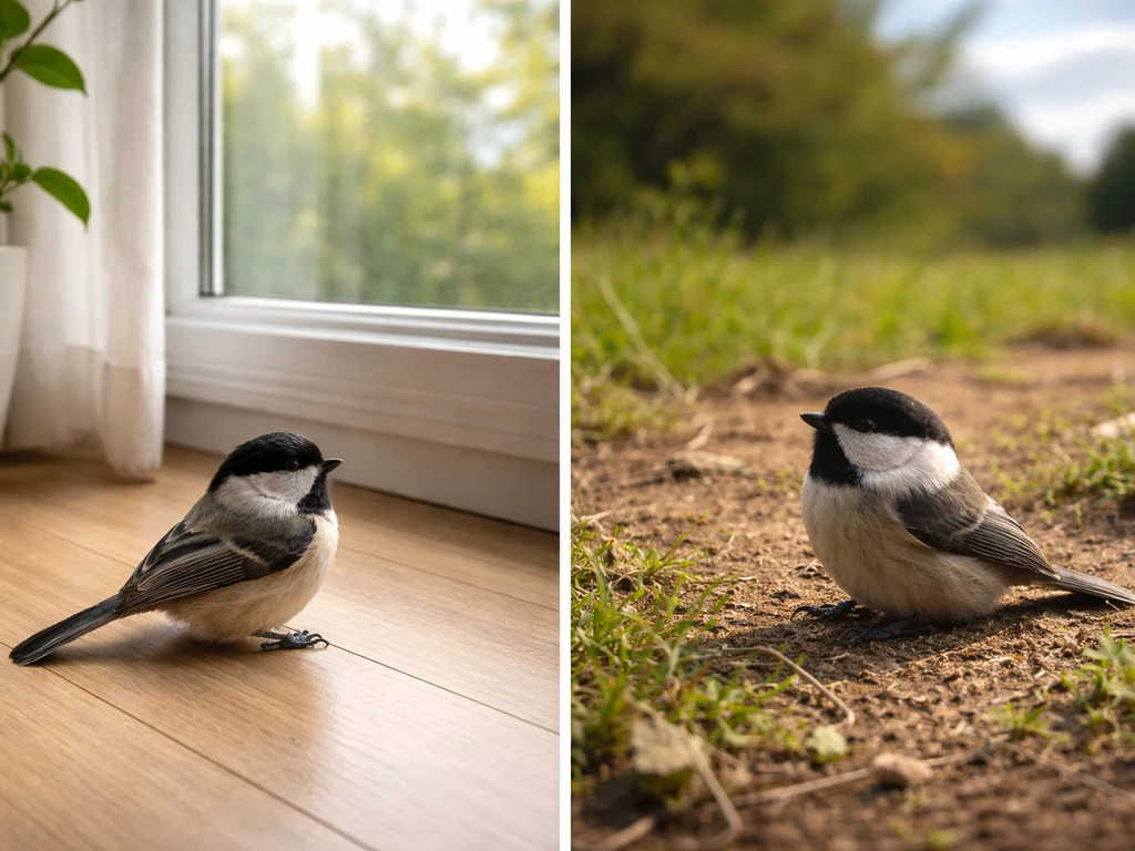 A small bird by a window inside, and the same bird on ground outside, showing how context changes meaning.