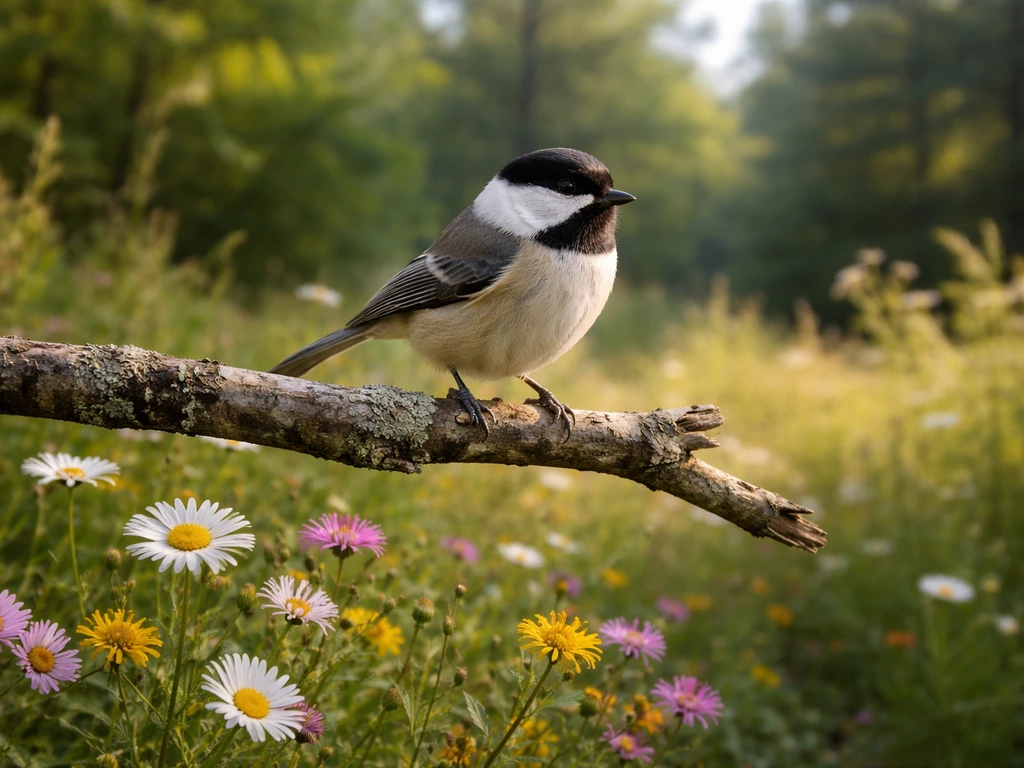 A native songbird perched among wildflowers and native trees in soft morning light.