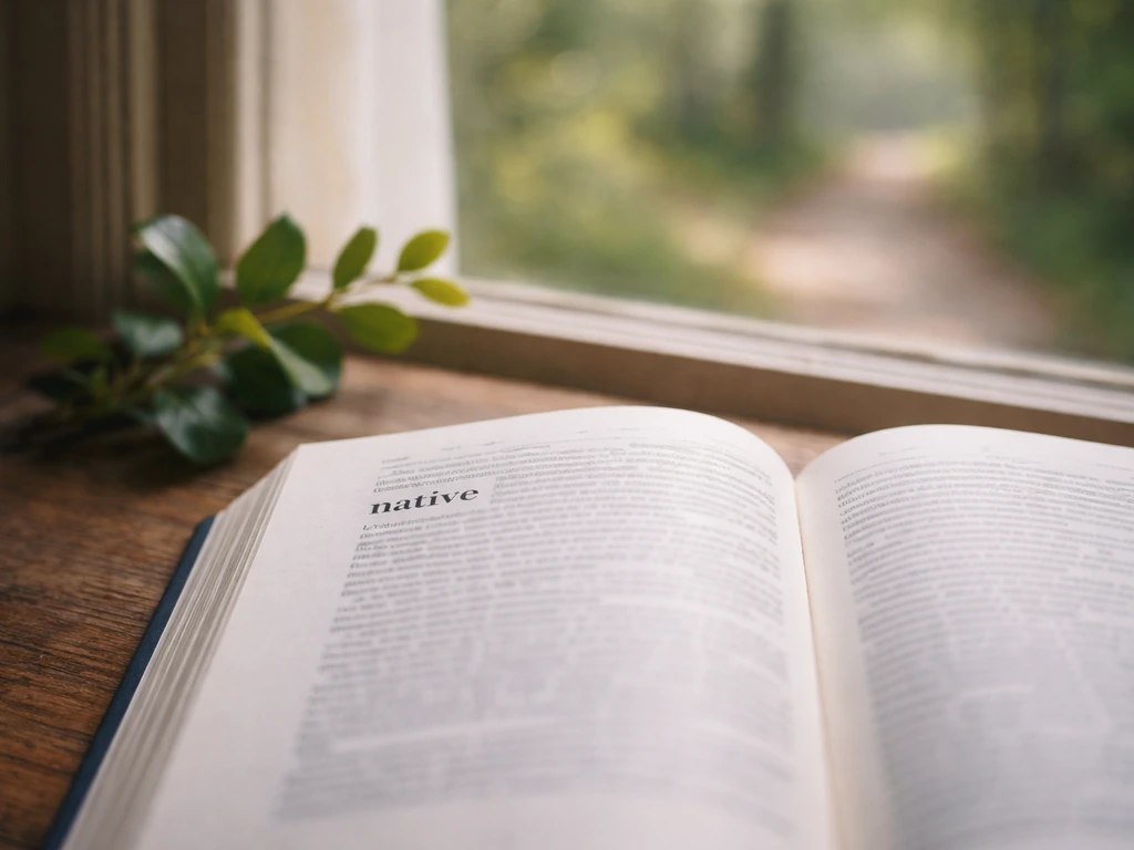 Open book with the word “native” beside a soft-focus natural woodland path in daylight