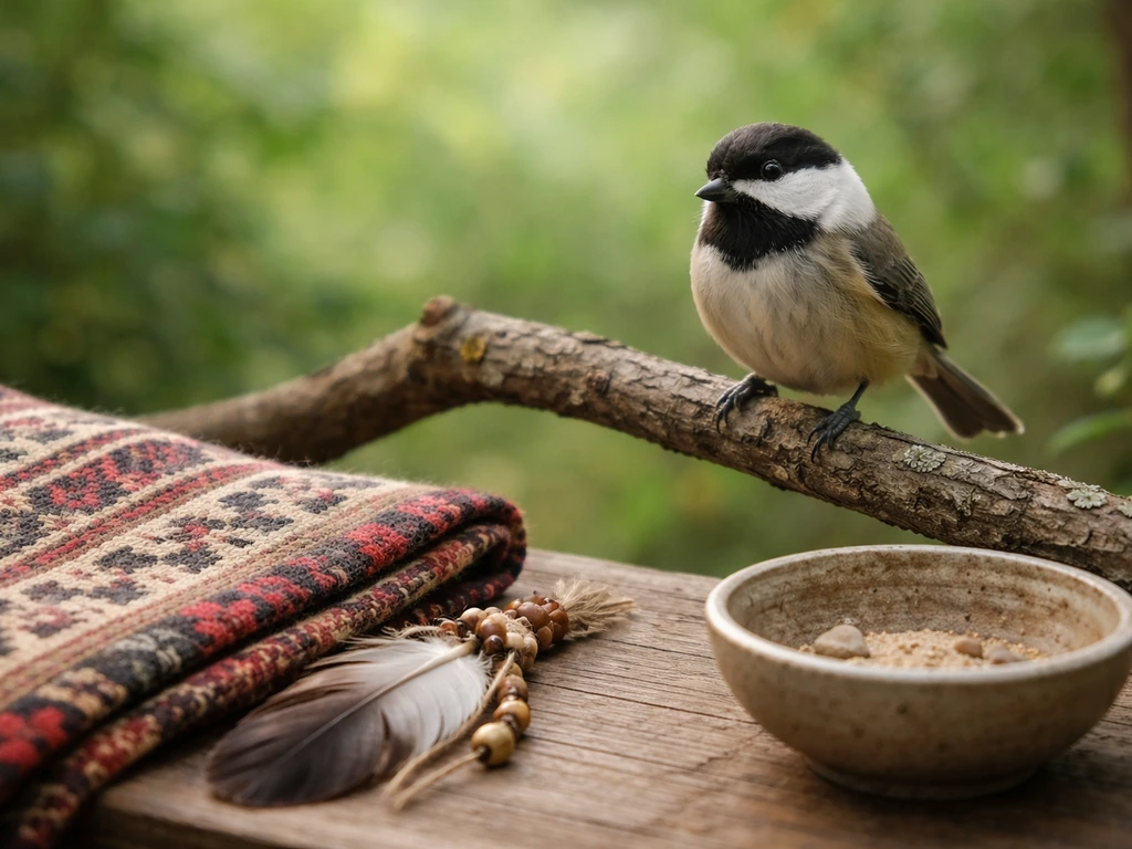 A clearly visible native bird perched near a small traditional altar object and patterned textile.