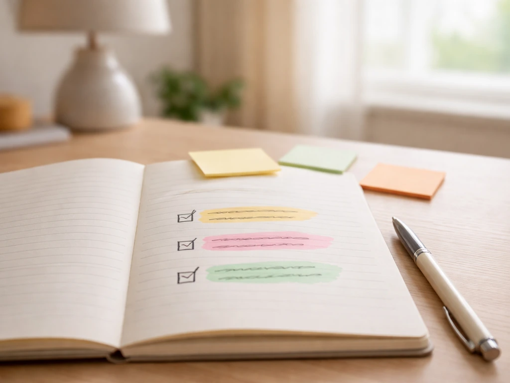 Open notebook with highlighted checklist items and a pen on a sunlit desk, blurred background.