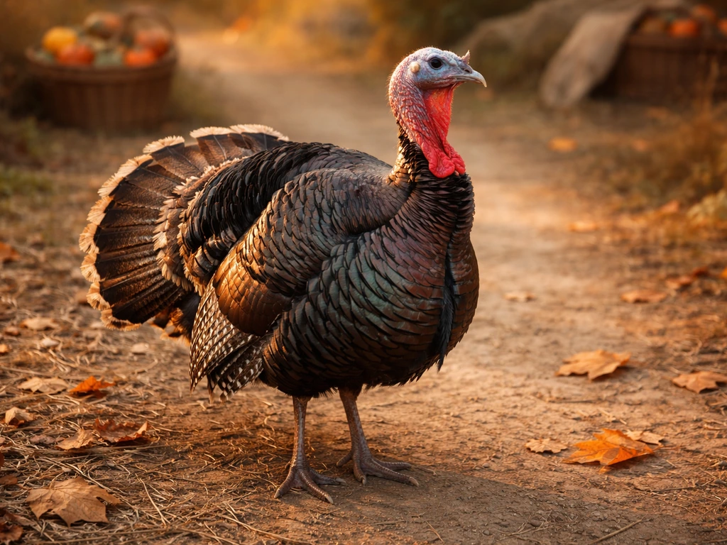 A close-up of a turkey in soft autumn light with faint Thanksgiving-style bokeh in the background.