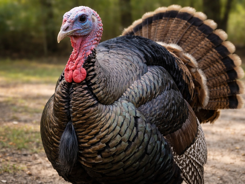 Close-up of a turkey with detailed feathers in natural outdoor light.