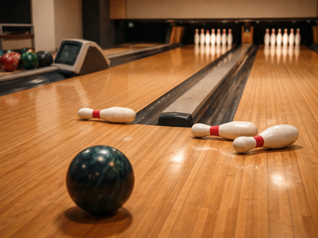 Bowling ball rolling toward a set of pins, with three pins knocked down as a visual flop metaphor.