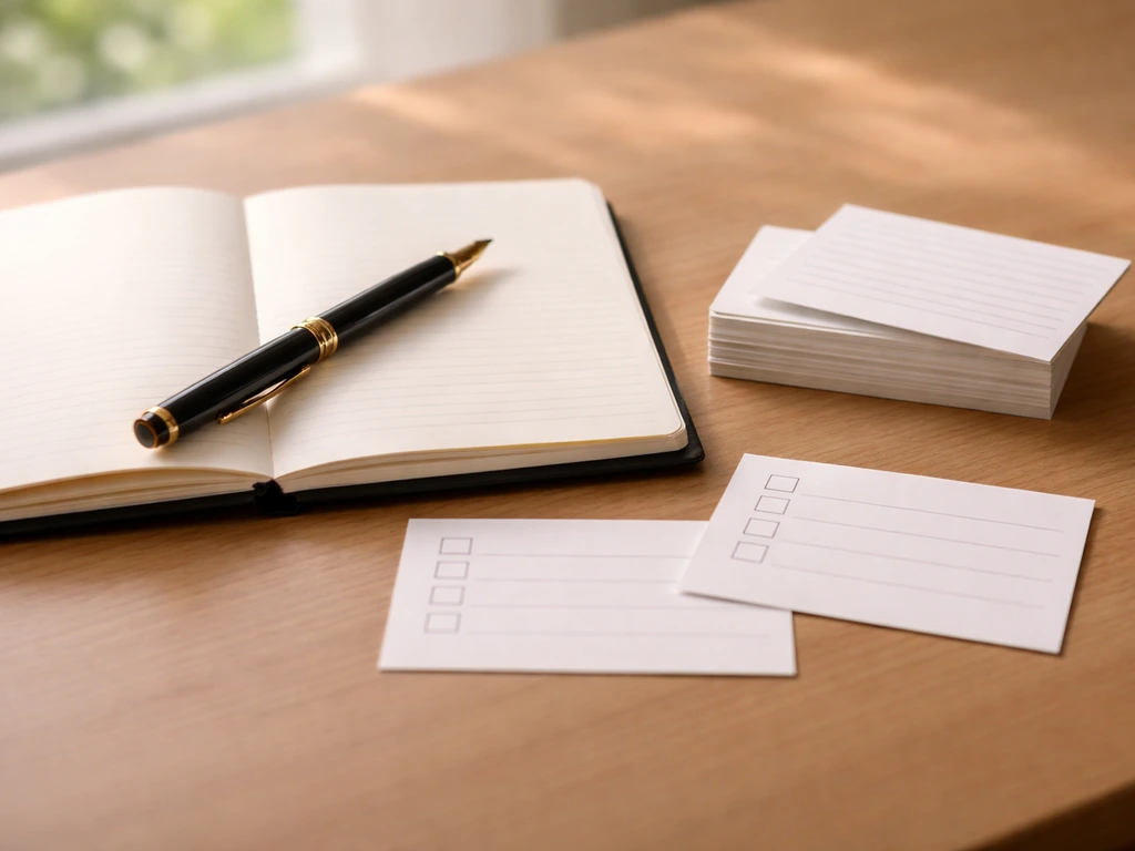 Minimal desk scene with a pen and notebook, plus checkbox cards ready for writing about a turkey dream.