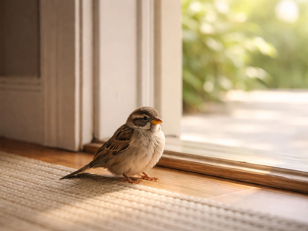 A small bird perched near an open doorway, looking startled as warm light suggests it’s lost indoors.