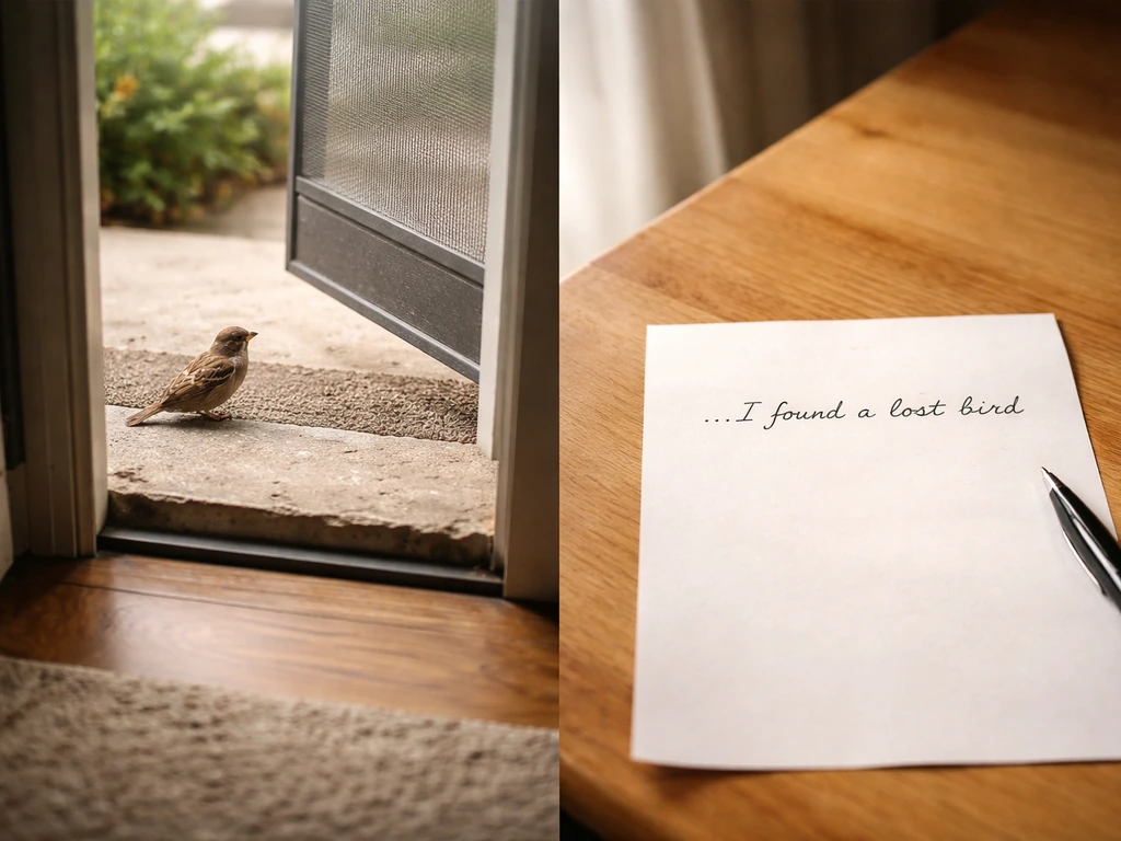 Escaped bird outside a home with a handwritten note on a table referencing “lost bird”.