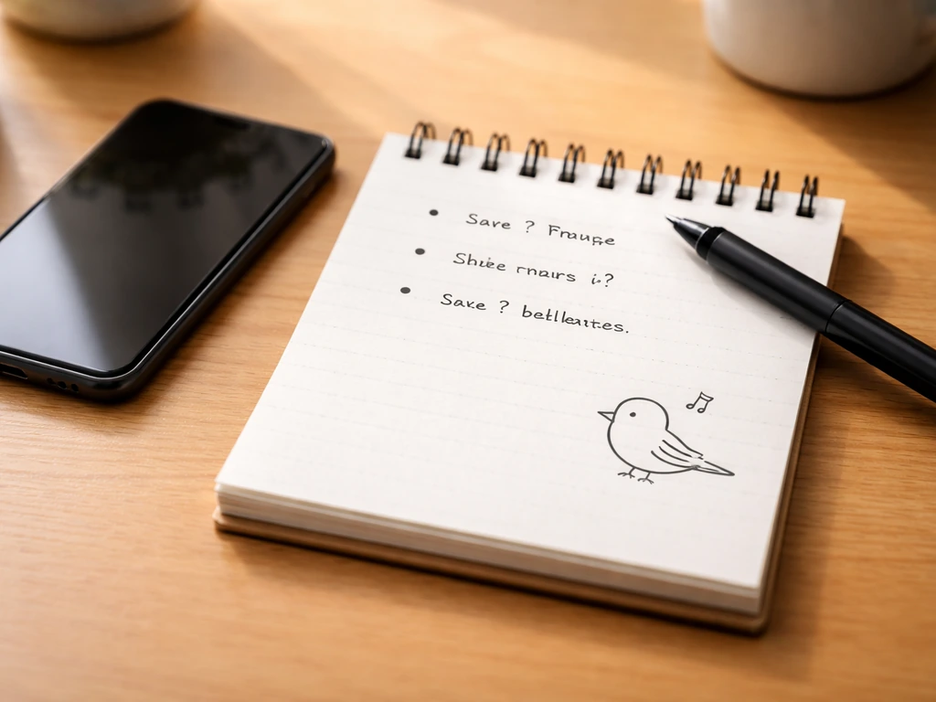 Close-up of a notepad and phone on a wooden desk with small bird doodle and blank checklist-style questions.