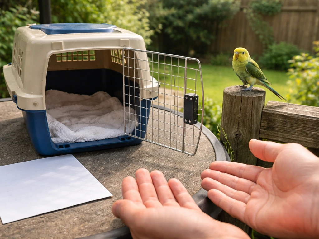 Open bird transport carrier and a cautious found pet bird nearby while someone approaches calmly.