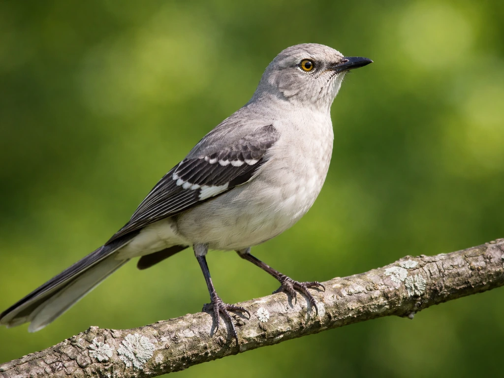 A single mockingbird perched on a branch in bright daylight with sharp, detailed plumage.