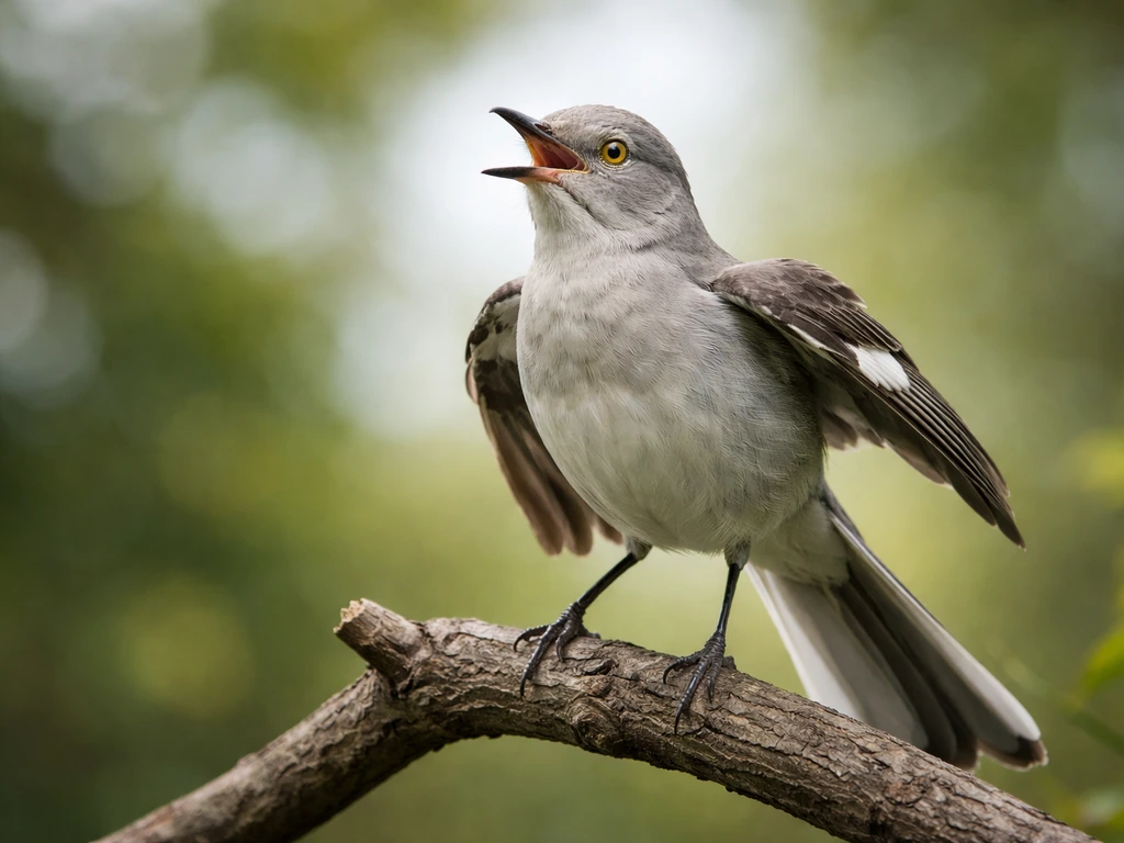 Close-up of a northern mockingbird perched and singing on a branch in a natural outdoor setting.
