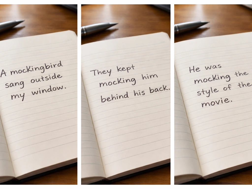 Triptych photo-style scene with three example sentences on a notebook, words visually emphasized