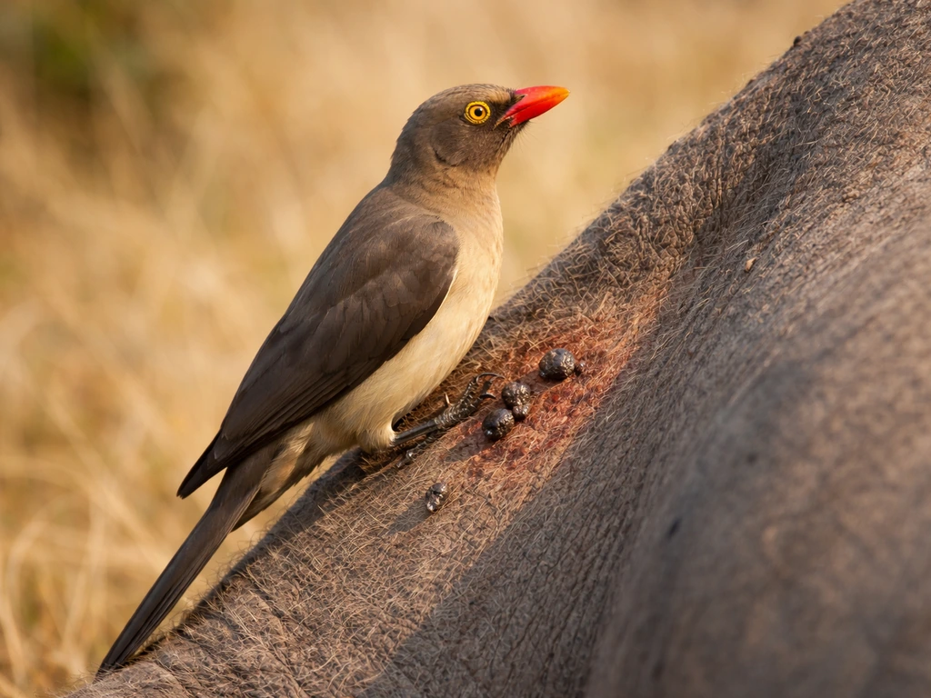 Oxpecker-like bird perched on a mammal with subtle signs of ticks in a natural savanna setting
