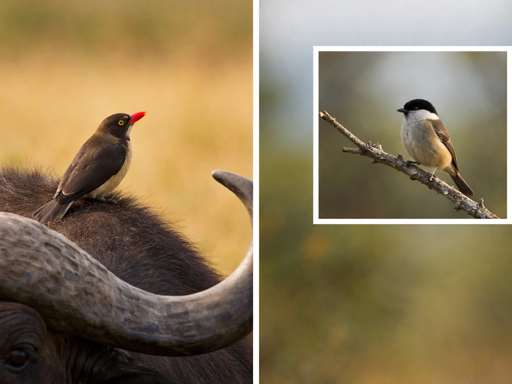 Side-by-side photo: an oxpecker-like bird on an animal (tickbird meaning) and a small bird on a branch (other use).