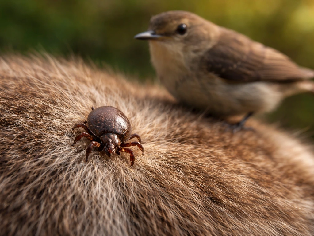 Macro tick perched beside a small bird on a mammal fur surface, showing tick as parasite