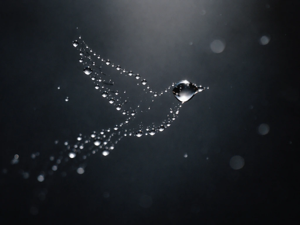 A bird silhouette formed by water droplets against a dark, minimal background.