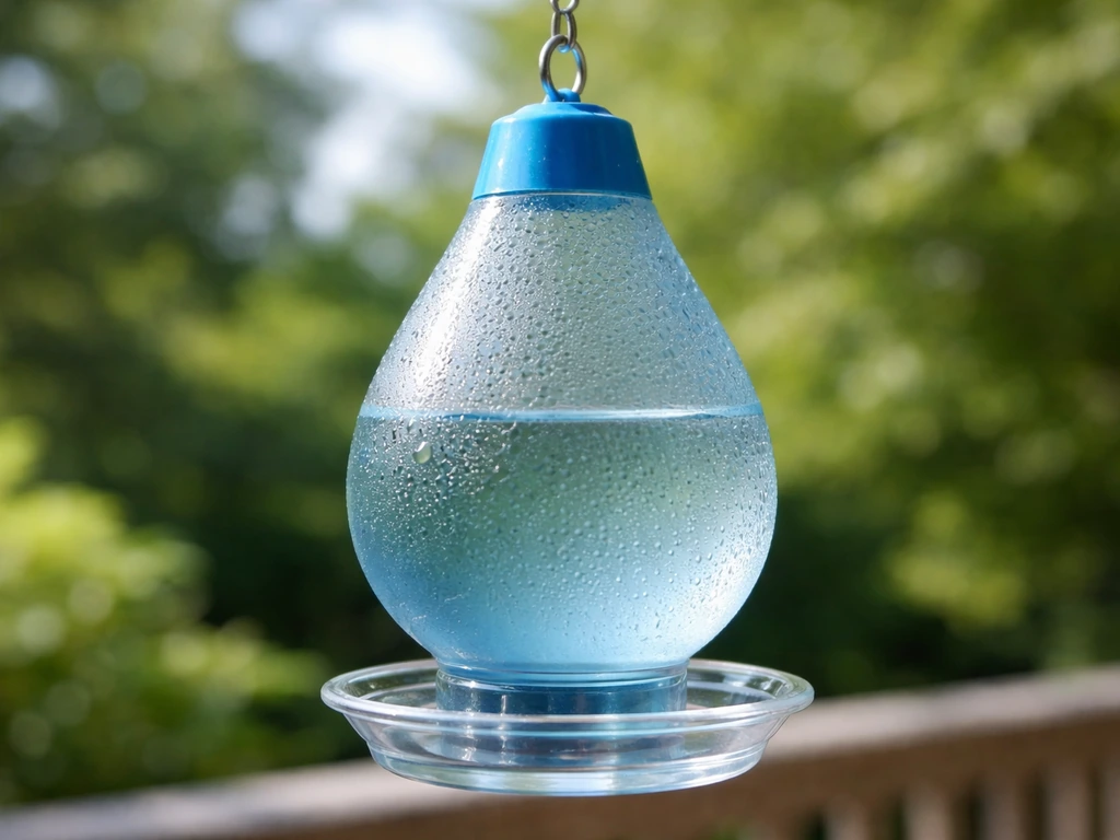 Close-up of a hanging blue frosted droplet-shaped bird waterer with a small perch below.