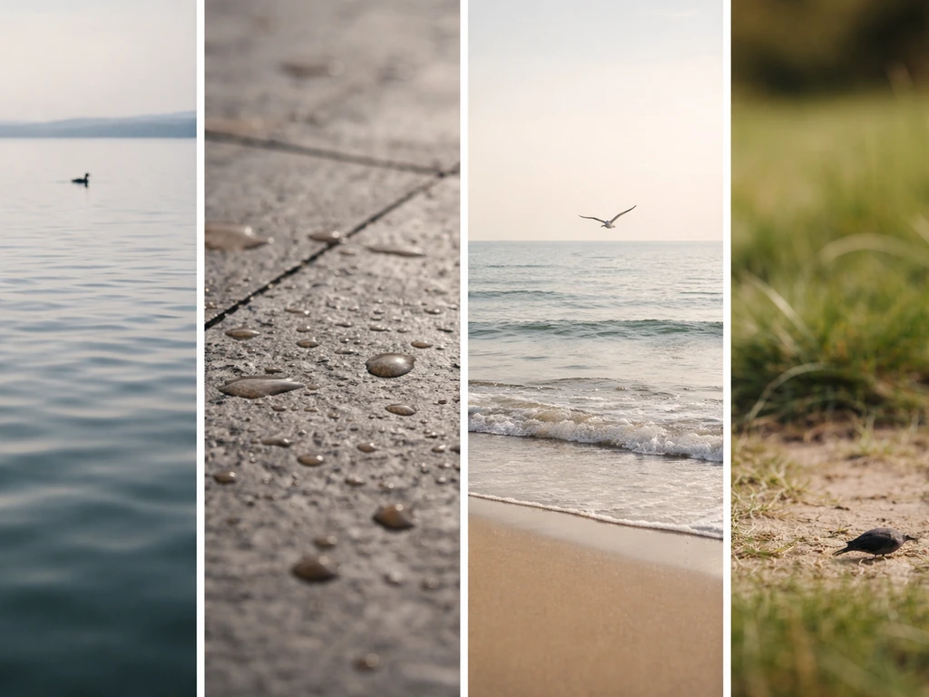 Side-by-side photos showing water bird, wet surface, sea bird, and a bird dropping on grass.