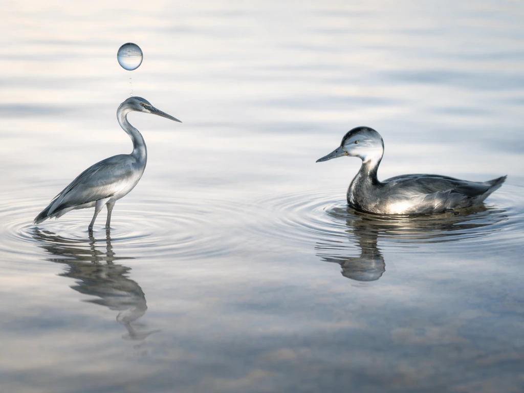 Minimal photo composite of a droplet merging into simple waterbird silhouettes over rippling water