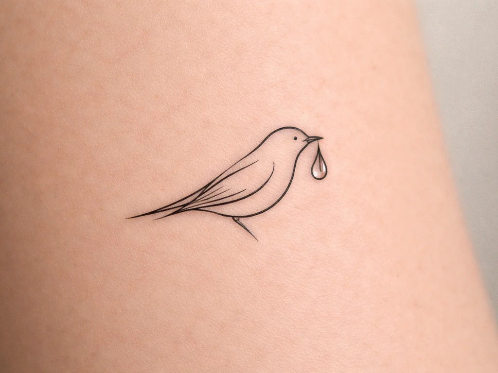 Close-up photo-style mock of a tattoo linework bird with a single integrated water droplet