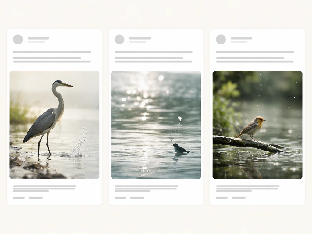 Minimal collage of heron and droplet imagery in three anonymous social-post panels, no readable text.