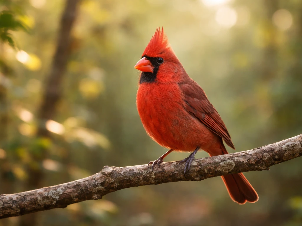 Single male bird perched on a branch, showing bright male-typical plumage against soft green foliage.