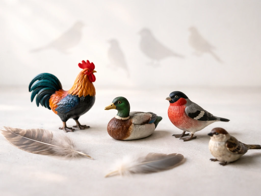 Minimal flat-lay of a few bird figurines and feathers beside blurred bird silhouettes, suggesting male-bird terms.
