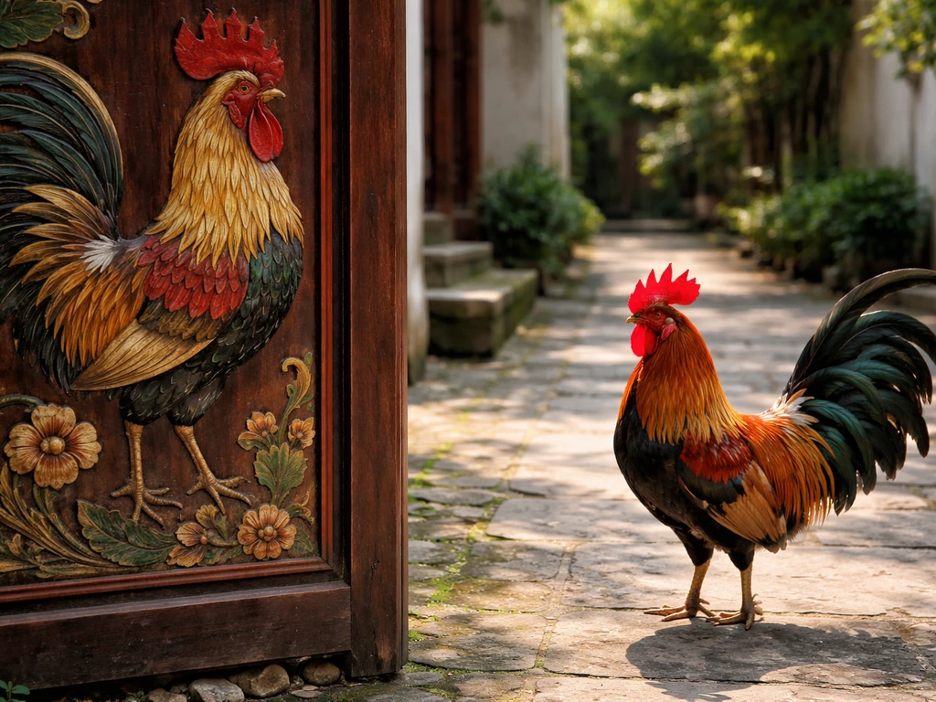 Daylight scene with a traditional-inspired rooster motif next to a real rooster in a quiet courtyard.